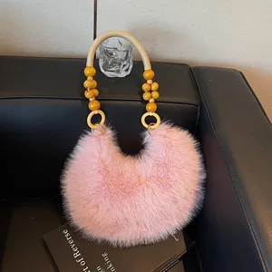 Fashion Women Plush Moon Bag Faux Fur Hobo Bag With Wood Bead Handle Large Capacity Soft Underarm Bag For Winter Daily