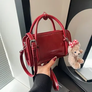 Women Retro Glossy PU Leather Small Square Shoulder Bag Korean Style Minimalist Box Handbag Crossbody Satchel With Plush Bear