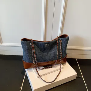 Vintage Patchwork Denim Tote Bag For Women Large Capacity Chain Strap Shoulder Bag With Cute Plush Bear Charm Casual Retro Handbag