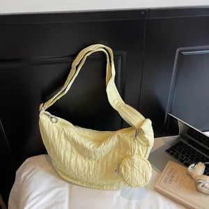 Women Pleated Hobo Shoulder Bag Large Capacity Nylon Half Moon Crossbody Bag With Round Coin Pouch Casual Tote Bag