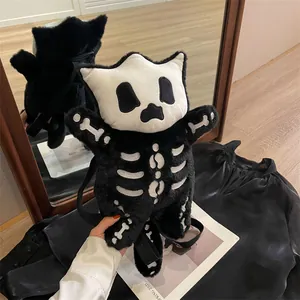 Sac à dos gothique en peluche chat squelette avec broderie blanche et bretelles
