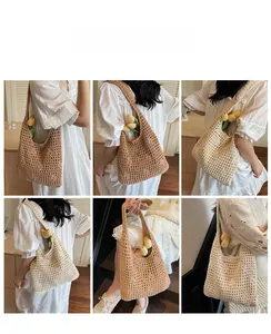 Detailed views of hollow crochet cotton tote bag in beige and brown for beach vacations