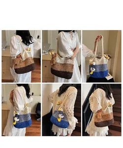 Detailed views of hand-knitted hollow tote bags with cute charms for summer vacations