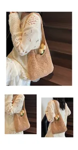 Detailed close-up of hollow crochet cotton tote bag with a minimalist woven mesh design