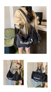 Three-way view of large black travel bag showing crossbody, side, and hand-carry styles