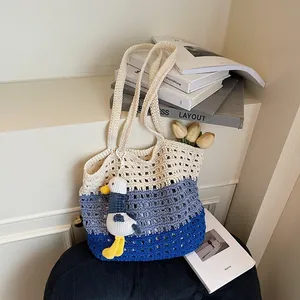 Women Large Capacity Hand-woven Tote Bag Summer Hollow Crochet Shoulder Bag Gradient Color Beach Vacation Casual Shopper Bag