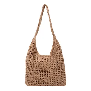 Chic hollow out cotton woven shoulder bag with inner lining for summer beach vacations