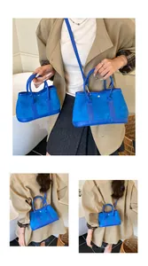 Detailed comparison of royal blue tote bags in two sizes with crossbody strap display