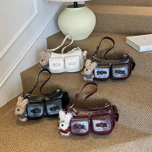 Vintage denim-style underarm bags with bow and pockets in four colors with bear charms