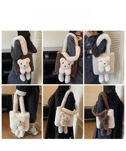 Detailed views of fleece tote bags in three colors featuring 3D plush bear decorations