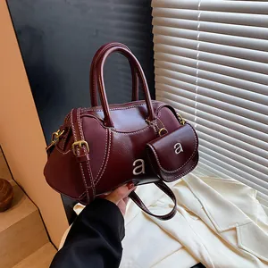 Borsa a Mano Boston in Pelle PU Retro da Donna Con Mini Portamonete Cuciture a Contrasto Decorazione Lettera Borsa a Tracolla