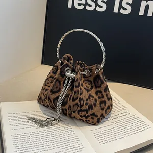 Vintage Leopard Print Bucket Bag With Round Metal Handle Chain Strap Faux Fur Drawstring Crossbody Handbag For Women Daily