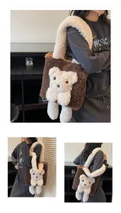 Detail of plush teddy bear tote bag with soft brown faux fur and white shoulder straps