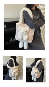 Close-up of plush lamb wool tote bag featuring a 3D teddy bear decorative design