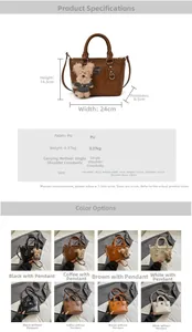 Size chart showing PU leather bucket bag dimensions, weight and color options