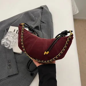 Women Suede Croissant Shoulder Bag Vintage Pleated Crescent Underarm Bag With Gold Chain Knotted Strap Fashion Handbag