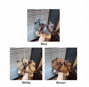 Detailed comparison of three colors in denim blue, cream white, and brown leather bag styles