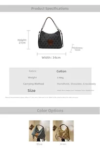 Detail view of large canvas tote bag with monogram print and precise dimension measurements