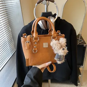 Women Vintage PU Leather Bucket Bag With Plush Pendant Minimalist Shoulder Crossbody Handbag Daily Commute Casual Bag