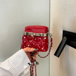 Damen Gesteppte Mini Umhängetasche Luxus Strass Perlen Klickverschluss Kleine Quadratische Handtasche Mit Kettenriemen Party Abendtasche