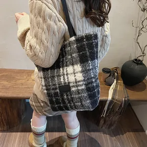 Large capacity black and white checkered plush tote bag with black shoulder straps