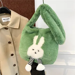 Borsa Tote da Donna in Peluche con Coniglio Cartone Animato Grande Capacità Borsa a Tracolla in Pelliccia Sintetica Casual Autunno Inverno