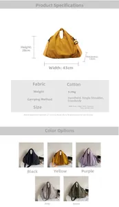 Size chart for casual canvas shoulder bag showing dimensions 43x28x13cm and color options