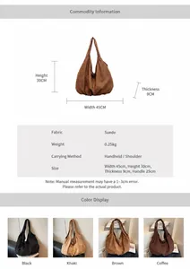 Size chart for suede tote bag showing dimensions forty-five by thirty centimeters with straps