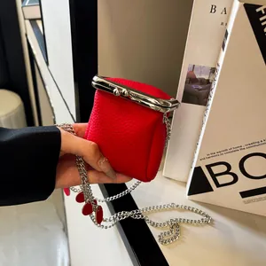 Mini PU Leather Lipstick Bag Vintage Litchi Grain Kiss Lock Coin Purse With Silver Metal Chain Crossbody Small Bag For Women