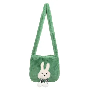 Borsa a tracolla in peluche verde con design a coniglio e grande capacità