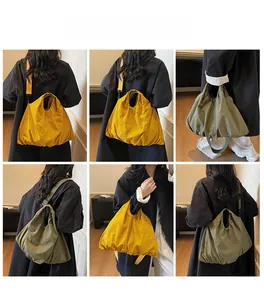 Detail shots of oversized canvas tote bag in yellow and olive green colors