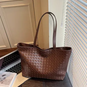 Women Vintage Woven PU Leather Tote Bag Large Capacity Contrast Color Shoulder Bag Commuting Office Casual Fashion Bag
