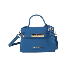 Bright blue Saffiano texture tote bag with top handle and gold-tone metal hardware