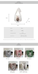 Detailed chart of plush rabbit tote bag showing dimensions and five available color options