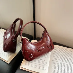 Women's Vintage PU Leather Crescent Shoulder Bag Retro Glossy Hobo Handbag With Adjustable Strap Versatile Crossbody Bag
