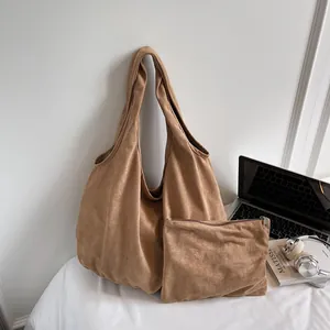 Suede Velvet Large Capacity Tote Bag For Women Solid Color Hobo Shoulder Bag With Small Pouch Korean Lazy Style Casual Commuter Handbag