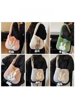 Collage showing six colorful plush rabbit tote bags in pink, white, green, and grey tones