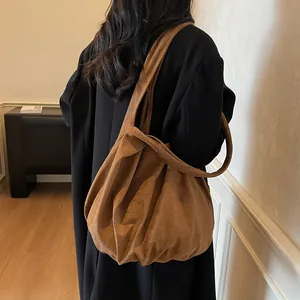 Large brown suede-style tote bag with soft cloud-like pleats for daily leisure and commute