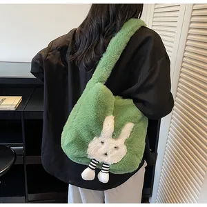 Rear view of a large green plush bunny tote bag being worn in a minimalist interior
