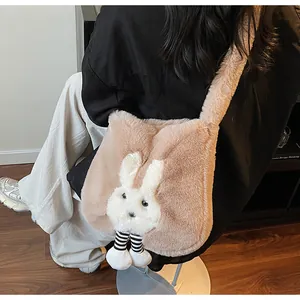 Detail of soft plush rabbit tote bag featuring 3D cartoon bunny design and cozy texture