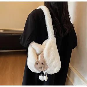 Detailed view of the cute white plush tote bag featuring 3D legs and cartoon animal face