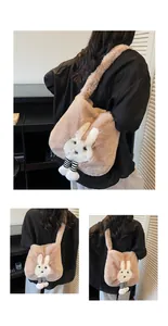 Detail of plush bunny tote bag featuring striped legs and soft faux fur texture