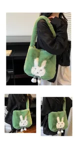 Detail of green plush bunny tote bag with cute striped long-leg doll pendant charm