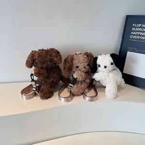 Pluche honden crossbodytassen van zacht imitatiebont in bruin en zwart-wit met weefband