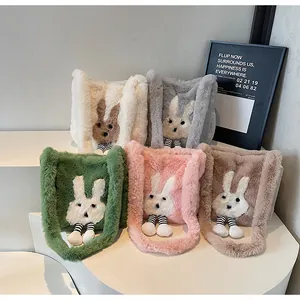 Detail of cute plush rabbit tote bags in five soft colors including beige and pink