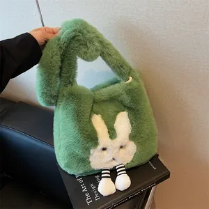 Cute Rabbit Plush Tote Bag For Women Winter Soft Faux Fur Shoulder Bag With Striped Legs Cartoon Casual Large Handbag