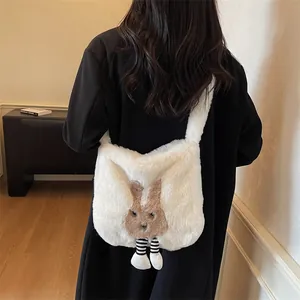 Cute white plush bunny tote bag with 3D rabbit decor for women's autumn winter fashion