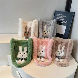 Cute bunny plush tote bags in five pastel colors arranged on a minimalist white stage