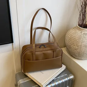 Retro Einfarbige Große Kapazität PU Leder Achseltasche Minimalistische Damen Schulter Tote Tasche Mit Reißverschluss Fronttasche