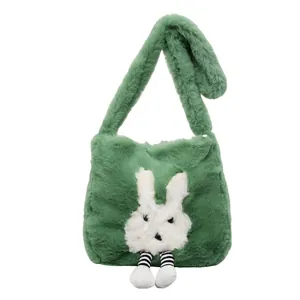 Cute green plush rabbit tote bag with striped legs for autumn and winter commute